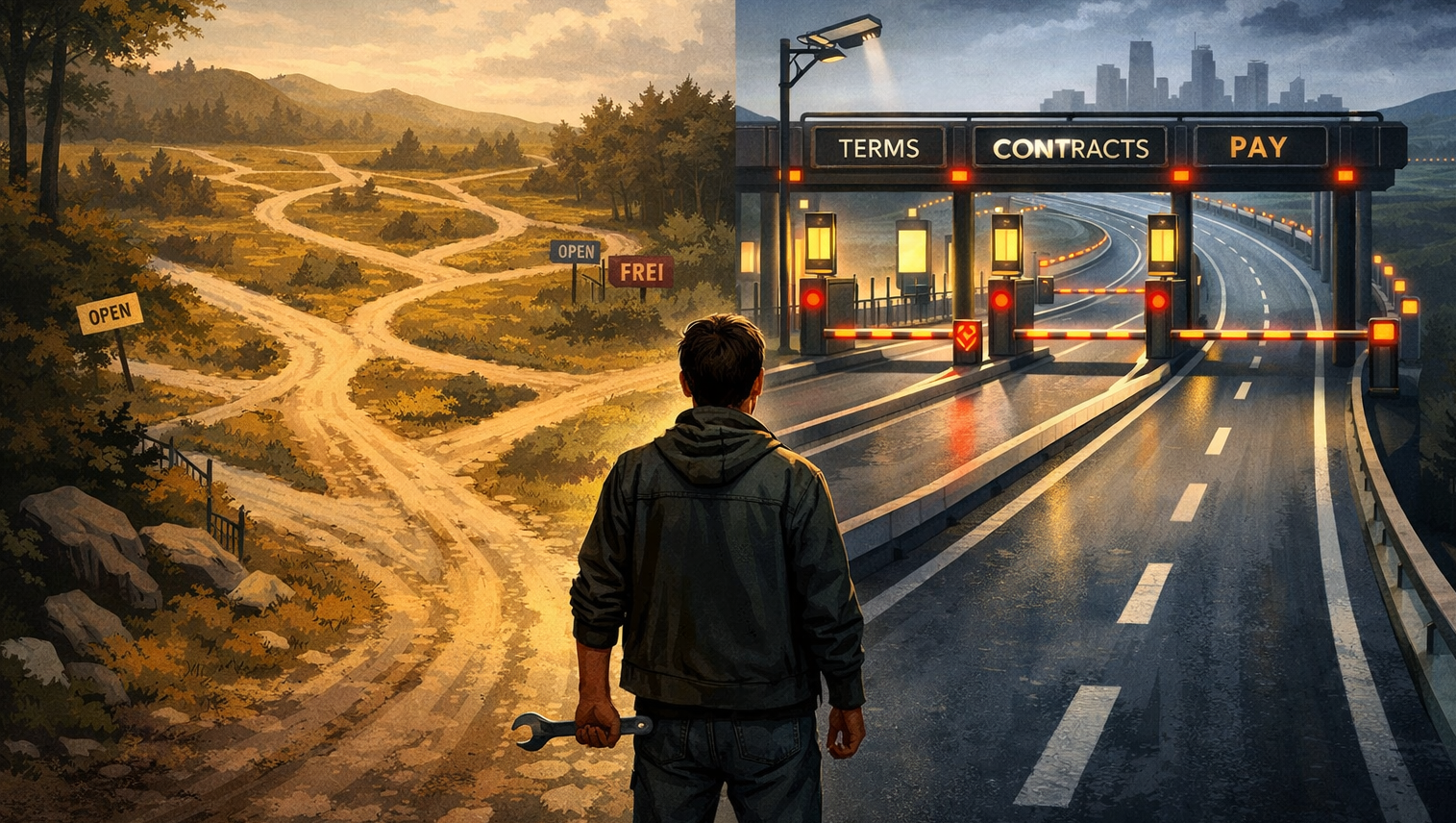 Digitale Souveränität – zwischen Wahlfreiheit und Bequemlichkeit Person vor einer Entscheidung zwischen Freiheit und Abhängigkeit